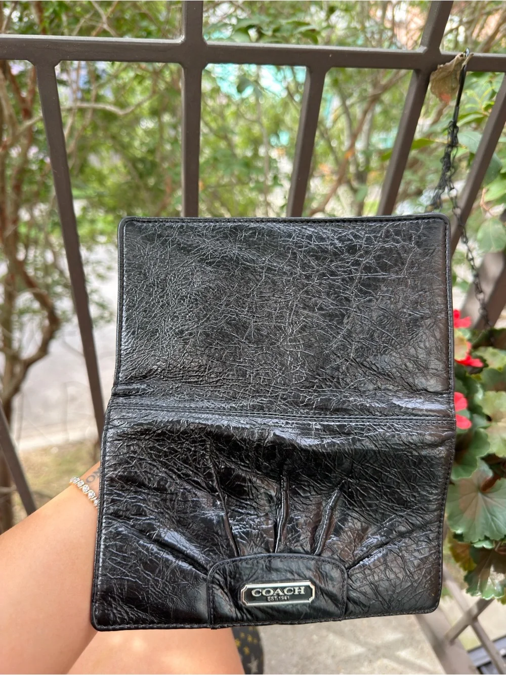COACH Black Textured Leather Card & Key Holder with Signature Plaque